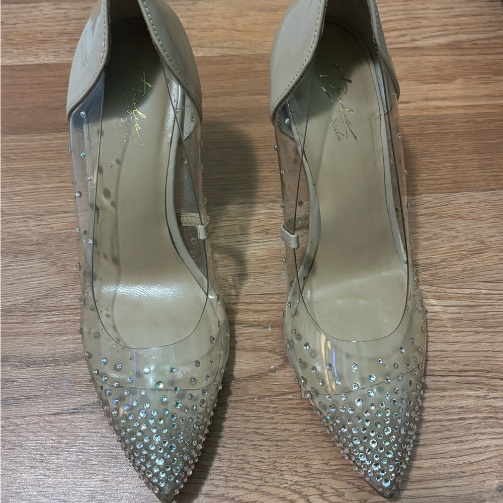 Thalia Sodi Clear and Tan Embellished Heels